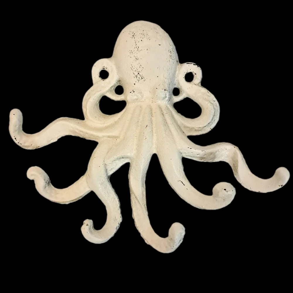 Painted Cream Distressed Octopus Wall Multi Hook Wrought Iron Coastal Cottage